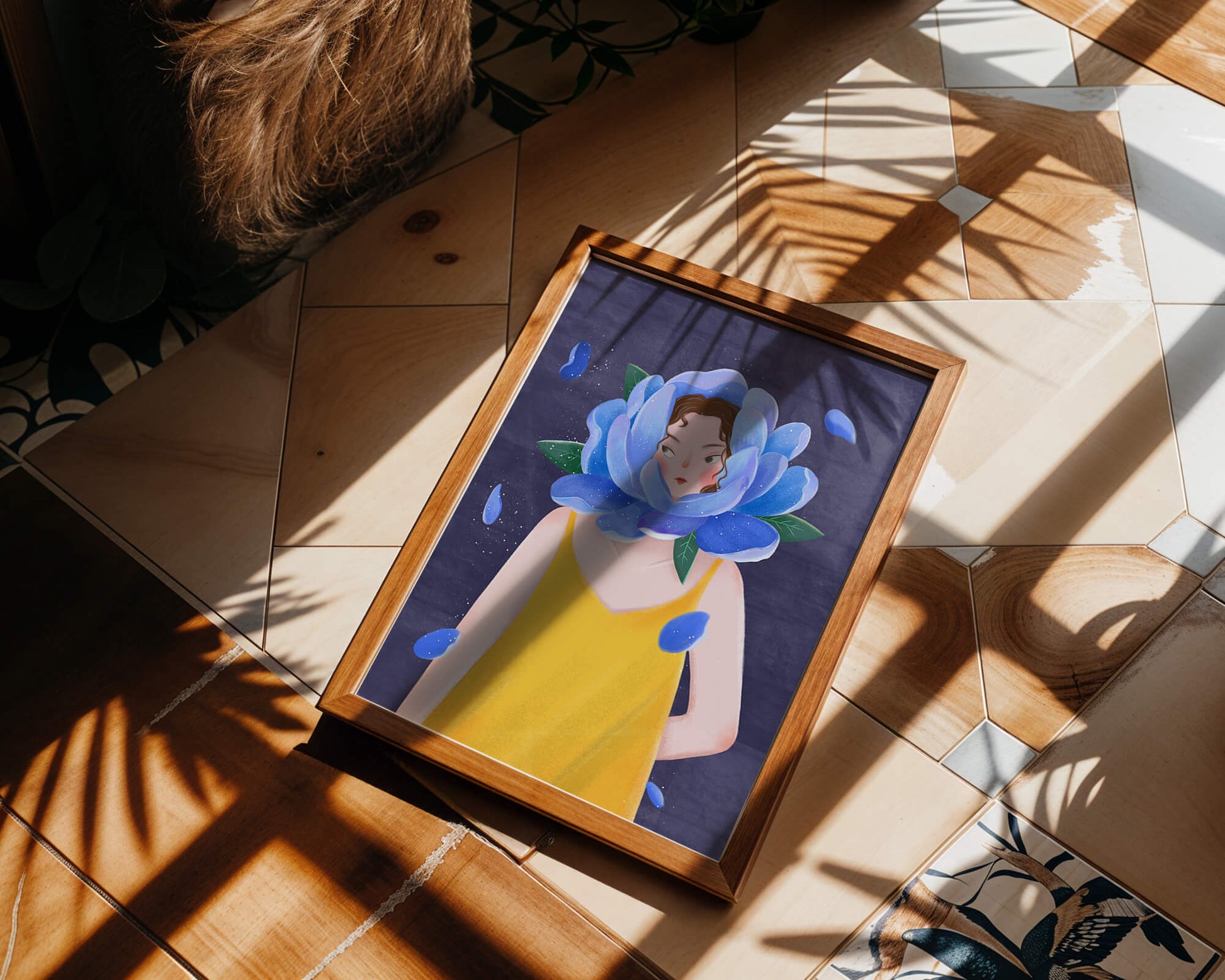 Illustration of woman with blue flower head and yellow dress