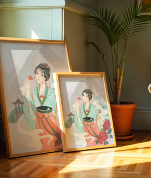 Elegant Asian woman with flowers and mountain background