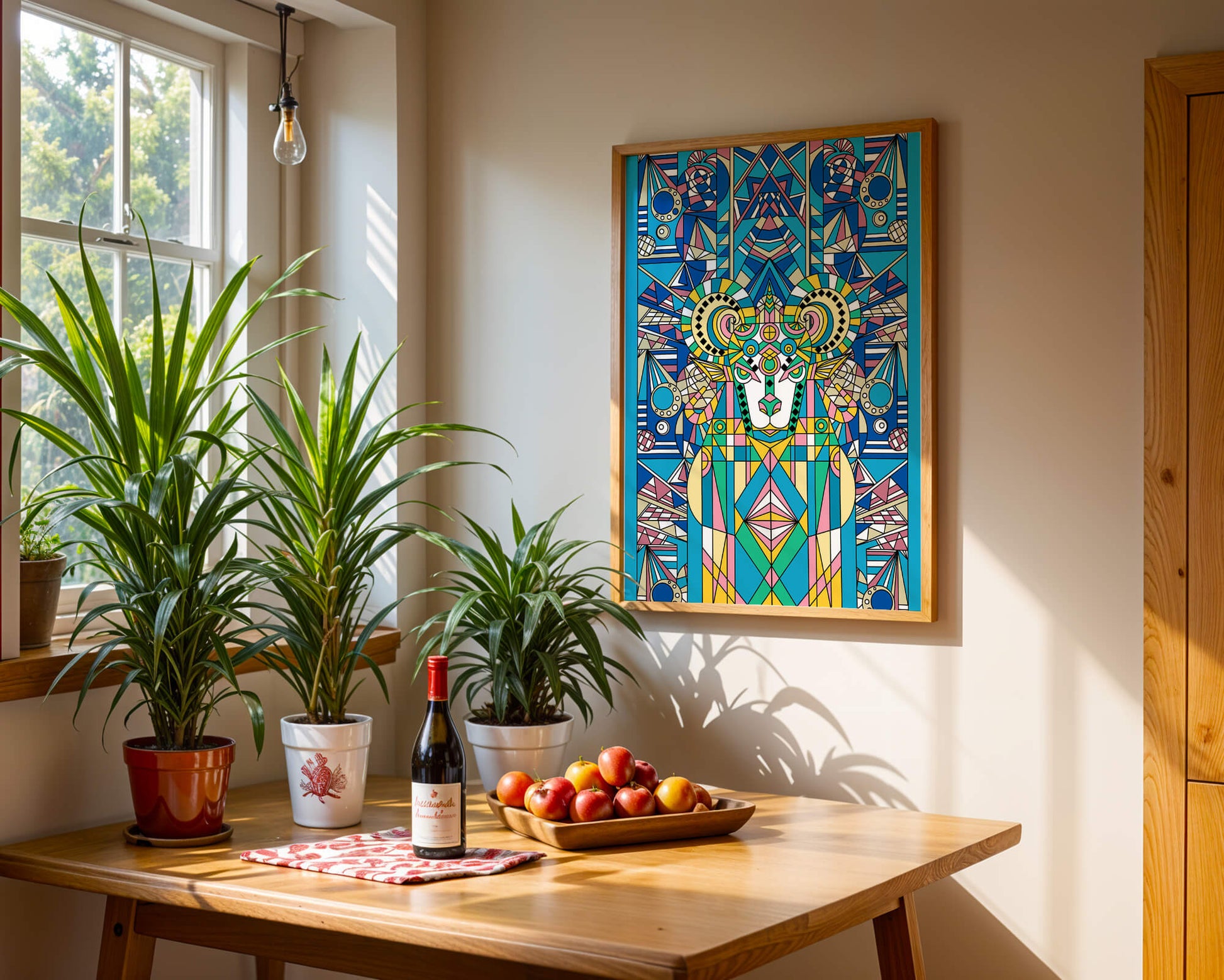 Diseño geométrico colorido de carnero con patrones simétricos