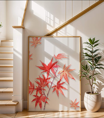 Delicate red maple leaves on white background