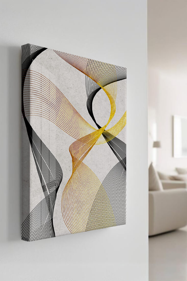 Elegant abstract waves with gold and black lines on textured background