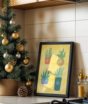 Illustrated potted plants on textured yellow background
