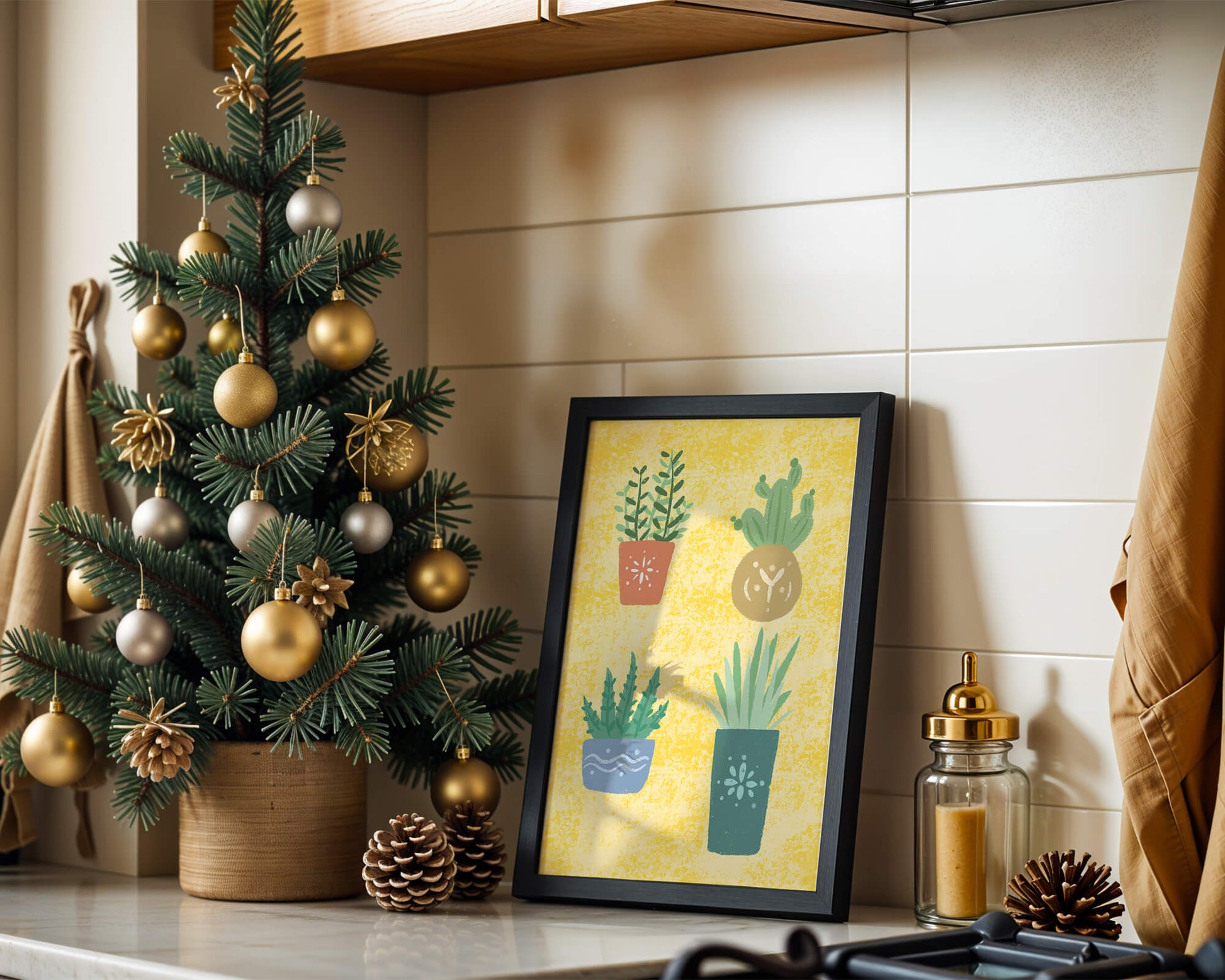 Illustrated potted plants on textured yellow background