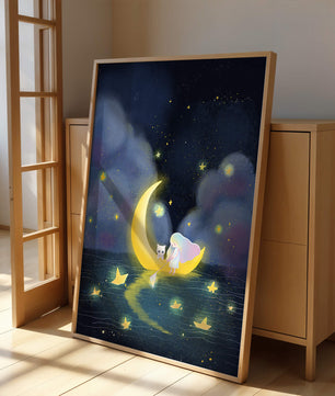 Whimsical night scene with child and cat on crescent moon
