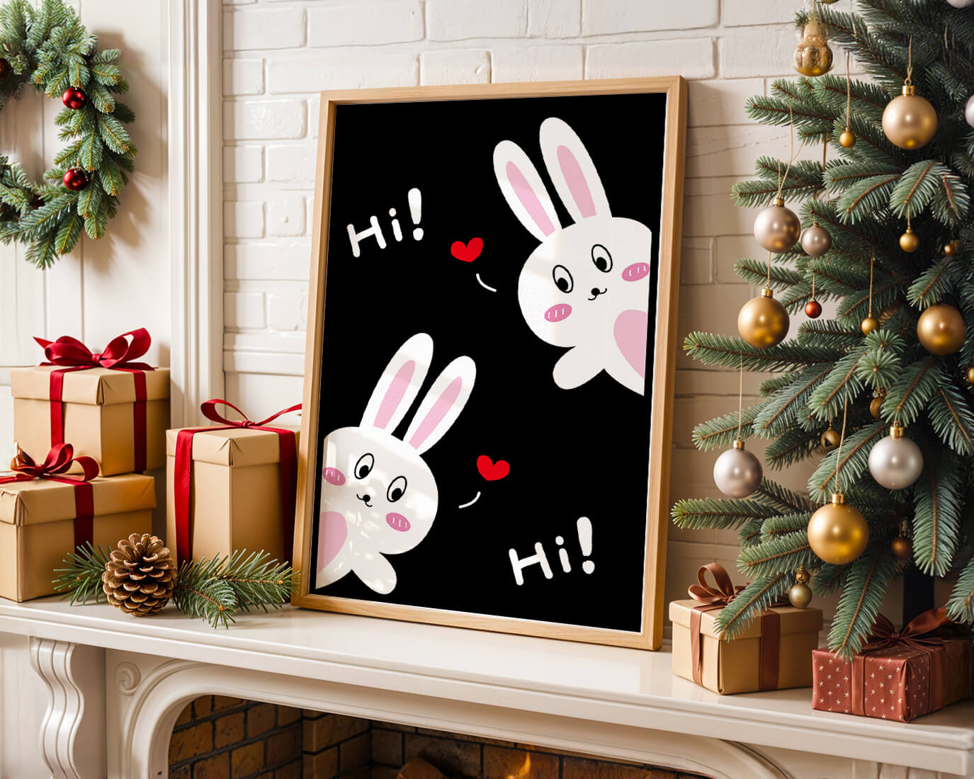Charming bunny illustration with hearts on black background