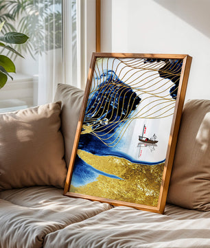 Paisaje abstracto con olas doradas y un bote solitario sobre fondo azul y blanco