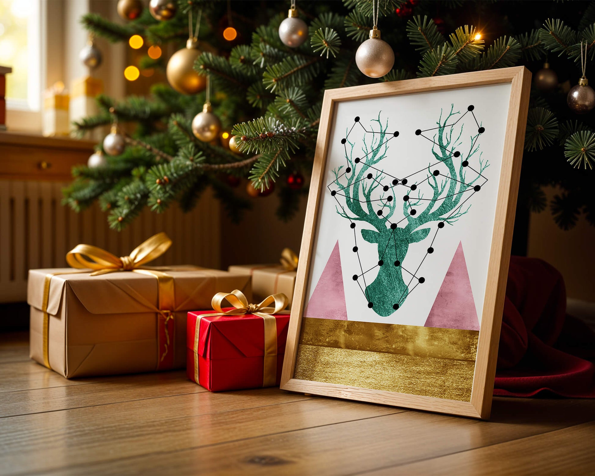 Geometric Deer with Abstract Elements and Gold Accents