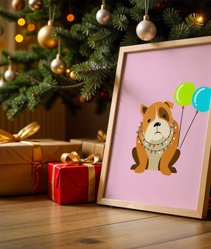 Perro de dibujos animados adorable con luces festivas y globos coloridos sobre fondo rosa
