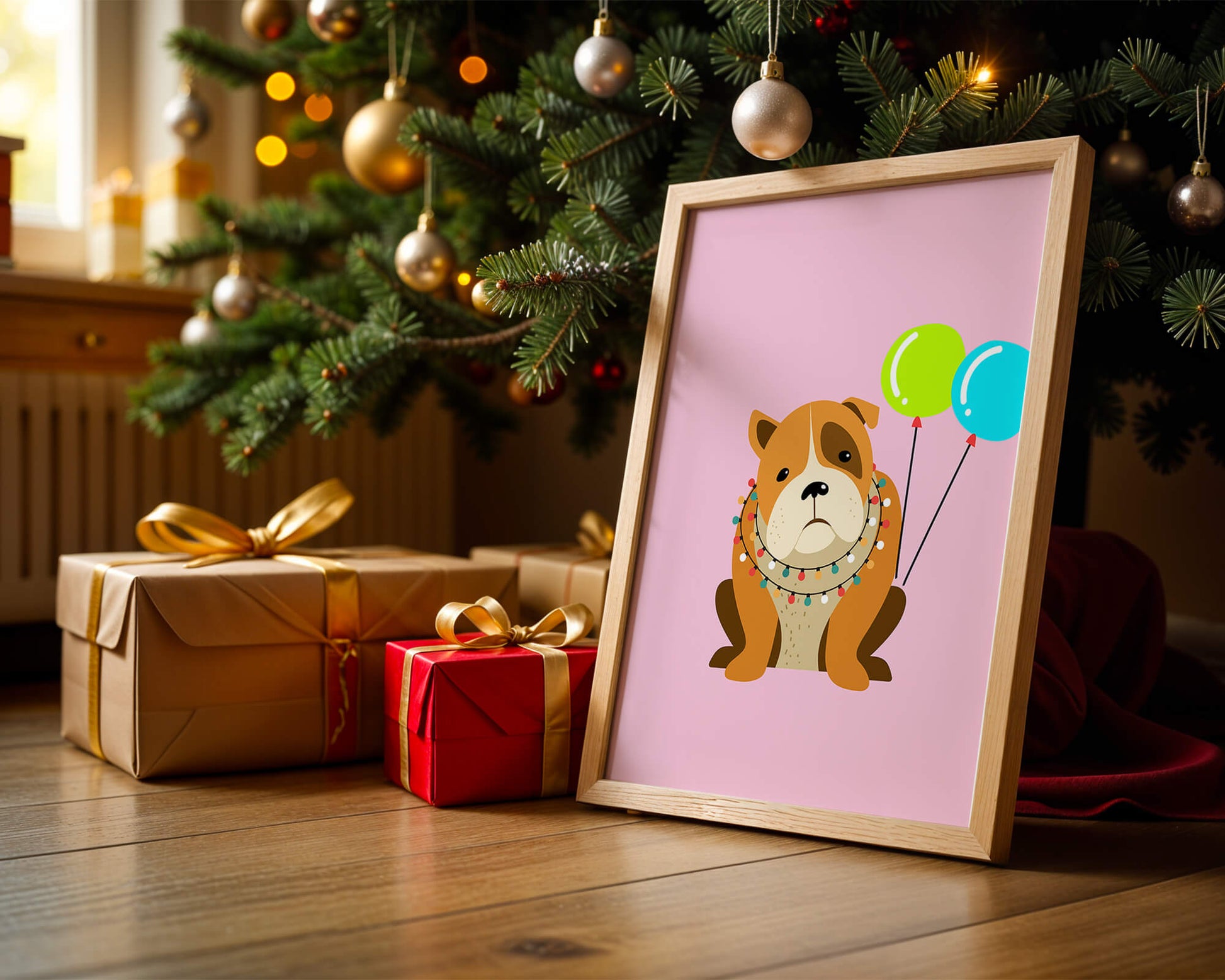 Perro de dibujos animados adorable con luces festivas y globos coloridos sobre fondo rosa