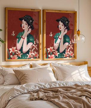 Elegant woman in vintage attire with floral hat and lilies