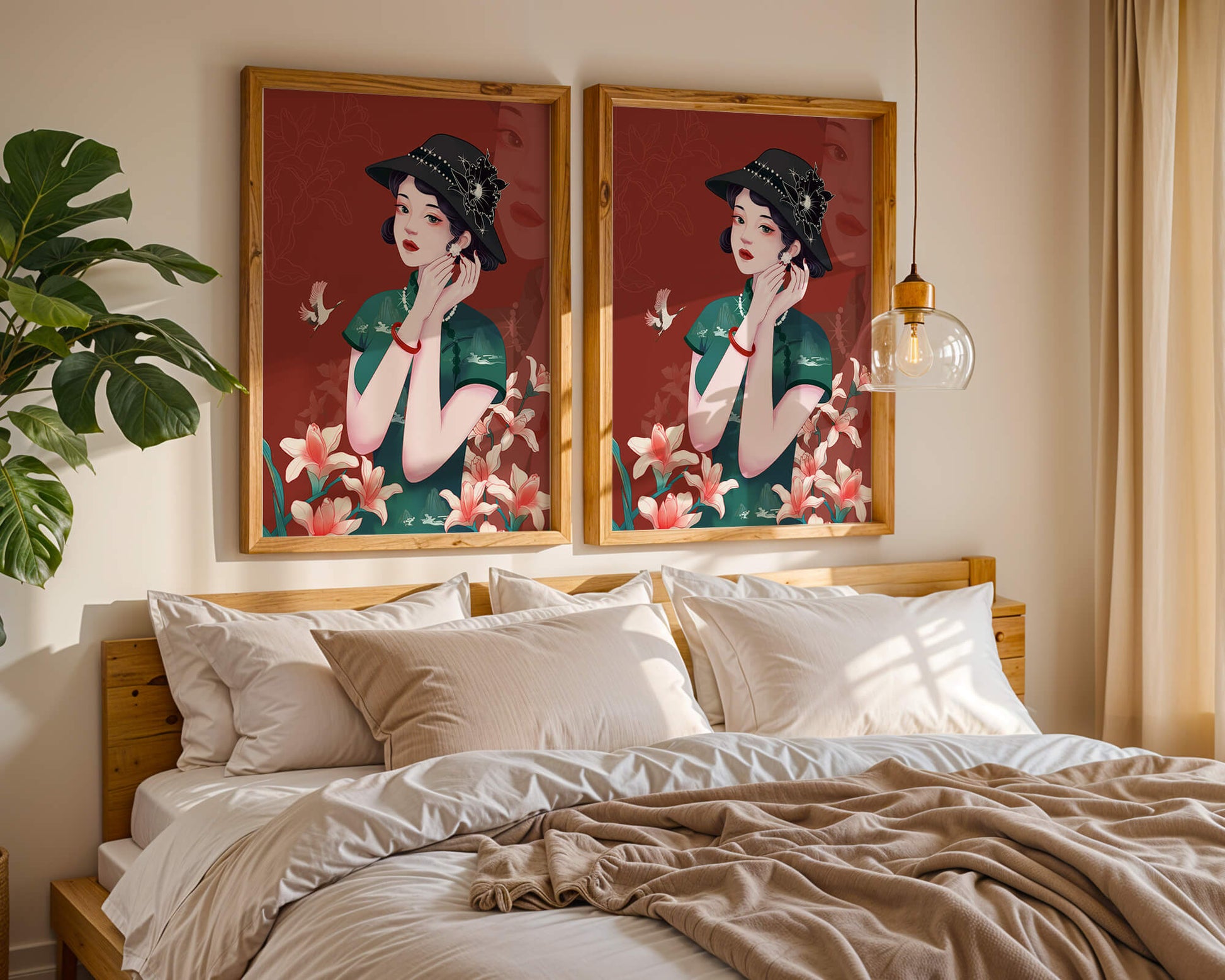 Elegant woman in vintage attire with floral hat and lilies