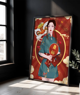 Elegant woman in traditional attire with lion dance mask in vibrant background