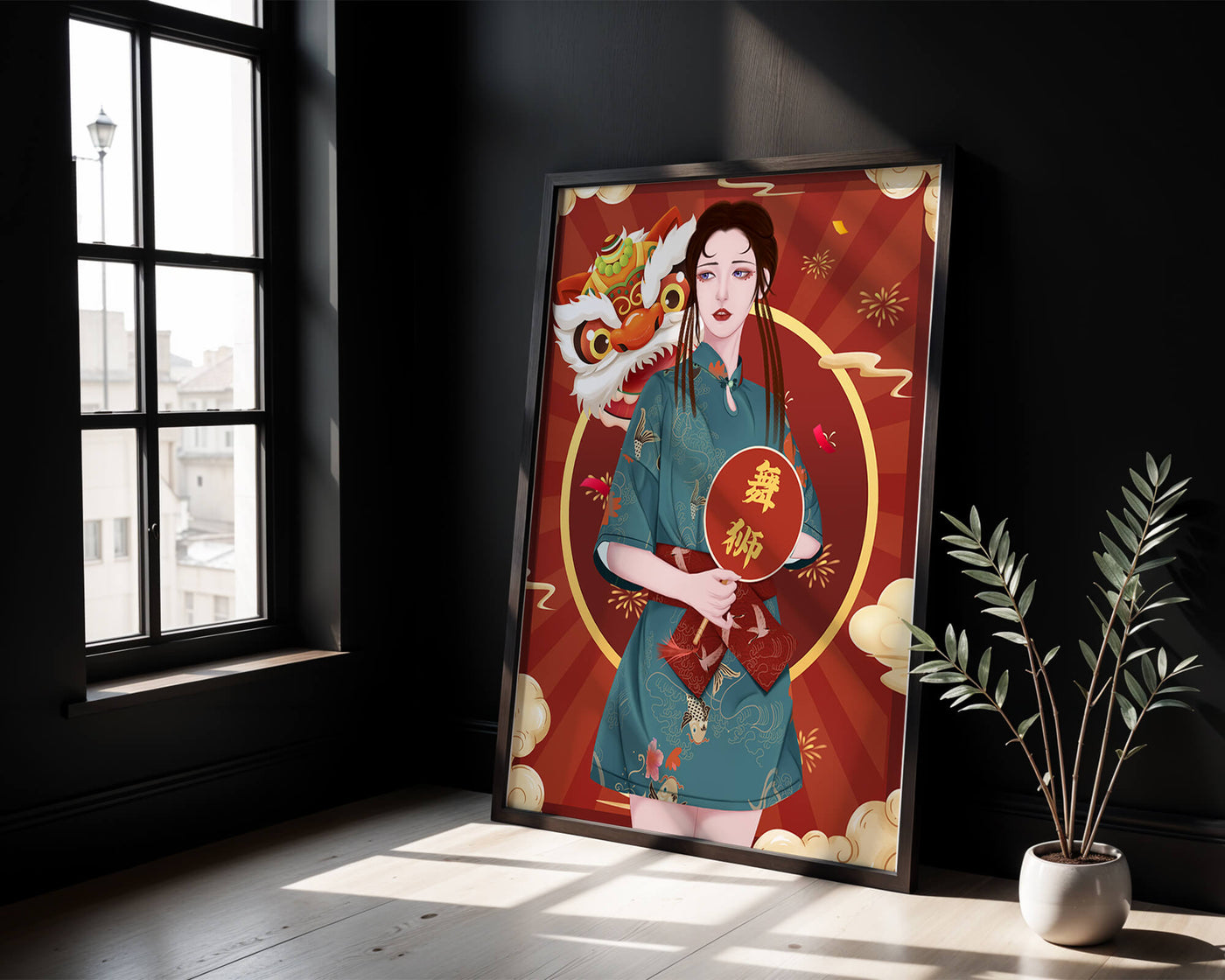 Elegant woman in traditional attire with lion dance mask in vibrant background
