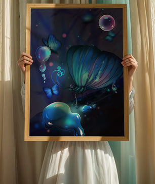 Illuminated Blue Butterflies with Glowing Bubbles in Enchanted Darkness