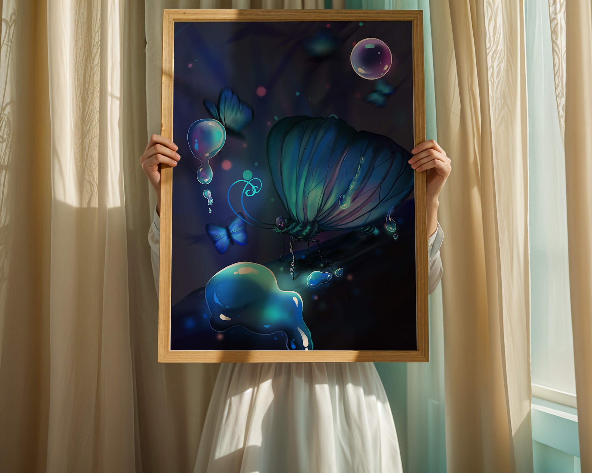 Illuminated Blue Butterflies with Glowing Bubbles in Enchanted Darkness