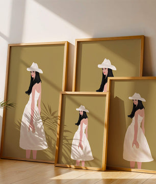Woman in a white dress and hat on a gold background