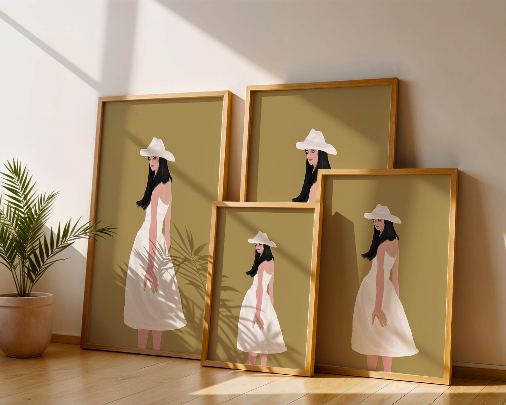 Woman in a white dress and hat on a gold background