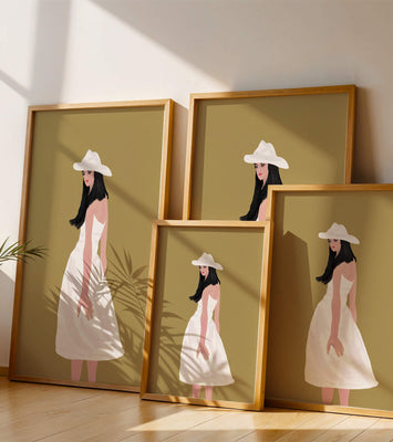 Woman in a white dress and hat on a gold background