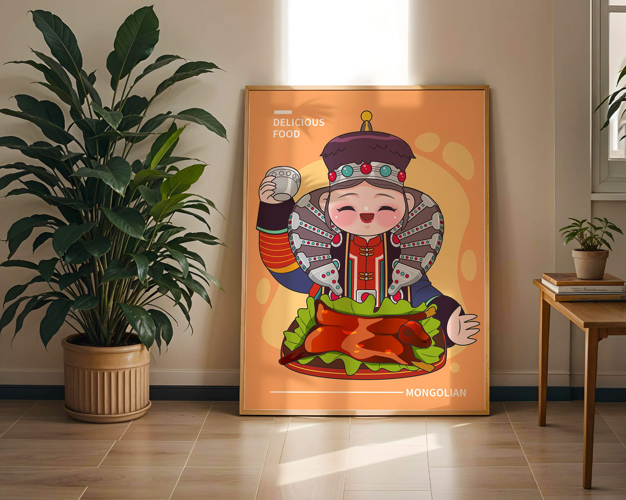 Cartoon character in traditional Mongolian attire with food