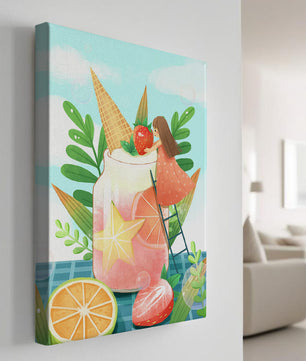 Bezaubernde Sommergetränk-Illustration mit Früchten, Blättern und einem Kind