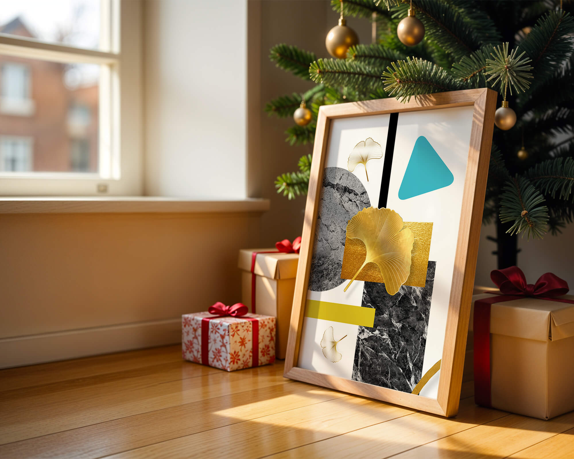 Geometric Abstract Composition with Gold Ginkgo Leaves