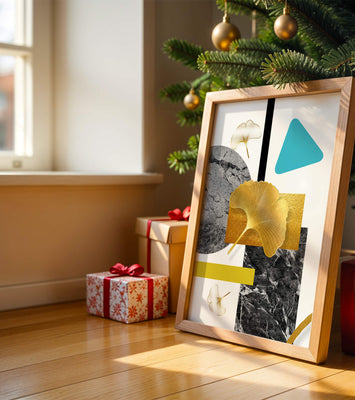 Geometric Abstract Composition with Gold Ginkgo Leaves