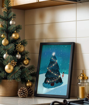 Winter scene with decorated Christmas tree and snowfall