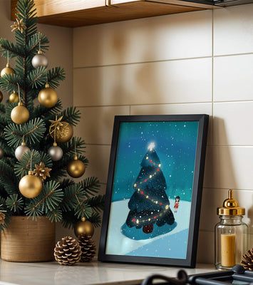 Winter scene with decorated Christmas tree and snowfall