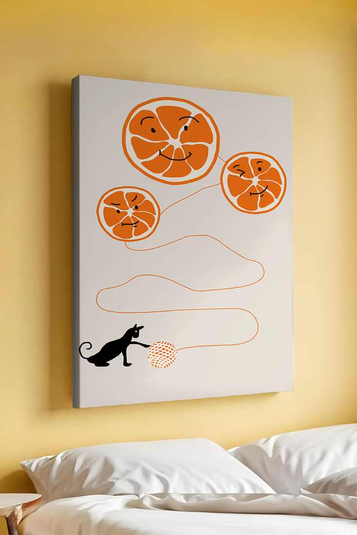 Playful illustration of oranges with cat and yarn
