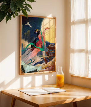 Oriental Fantasy Scene with Woman Offering Gift to the Moon