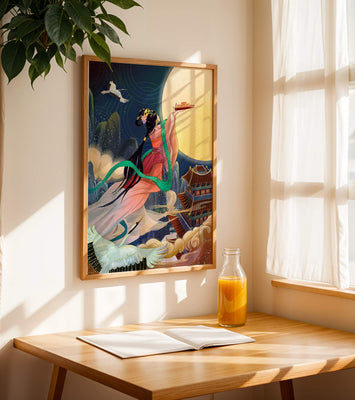 Oriental Fantasy Scene with Woman Offering Gift to the Moon