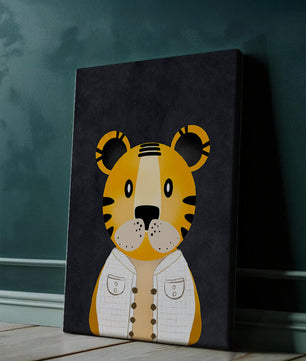 Illustration of cute cartoon tiger character in stylish outfit on dark background