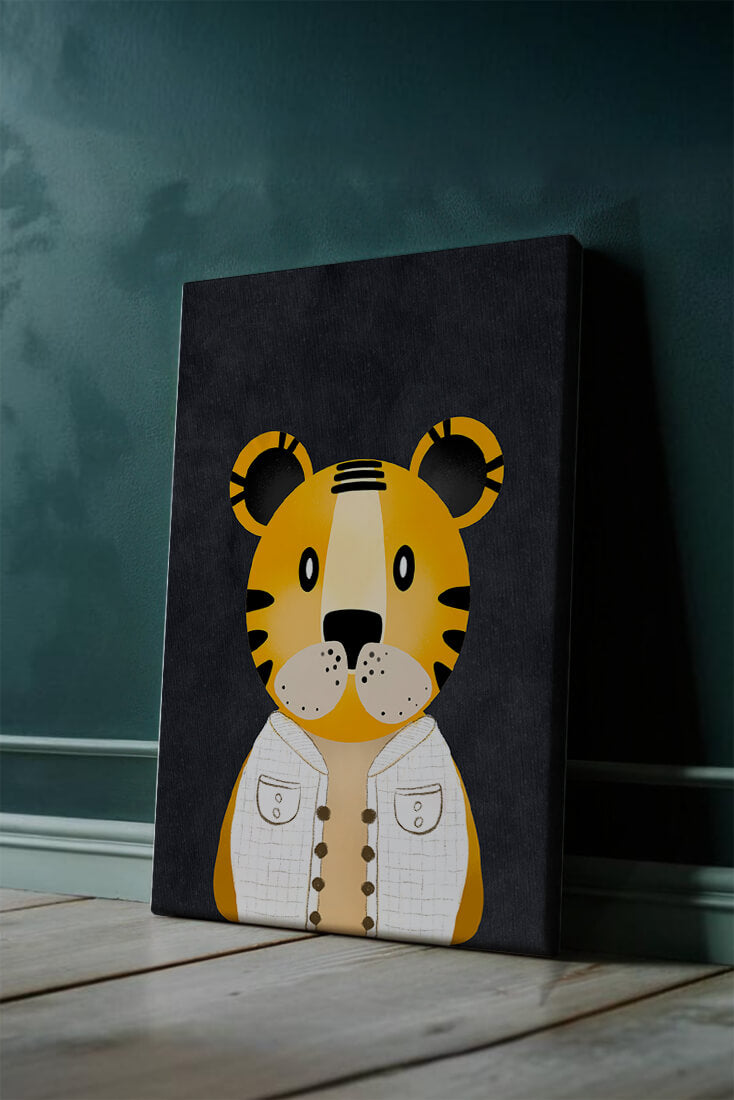Illustration of cute cartoon tiger character in stylish outfit on dark background