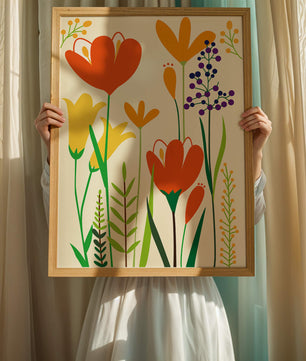 Bright Floral Illustration with Orange, Yellow, and Purple Flowers in Bold Colors