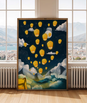 Faroles flotando en un cielo estrellado sobre montañas