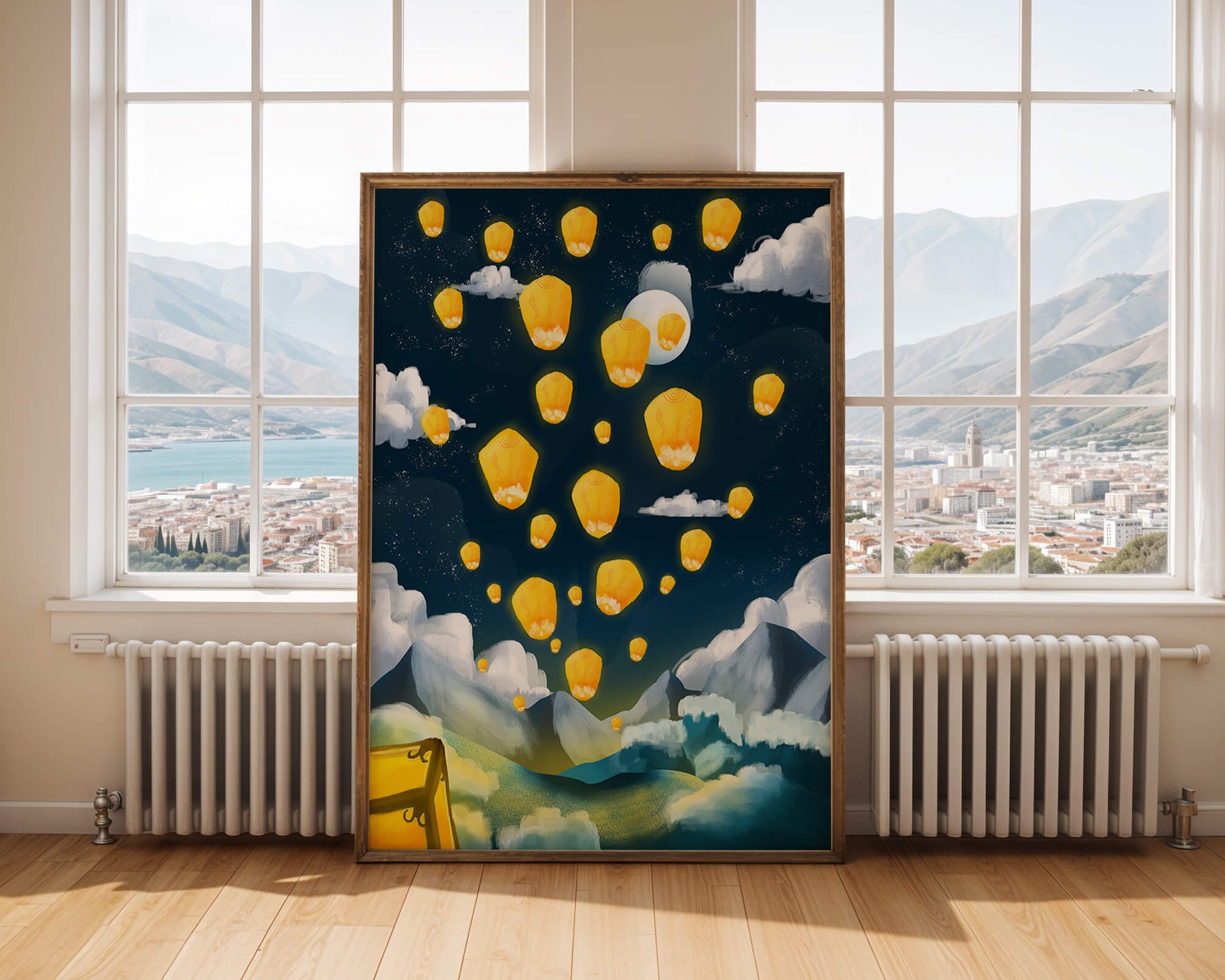 Lanterns floating in a starry night sky over mountains