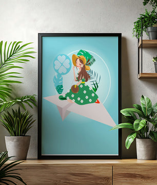Mujer en un avión de papel con fondo de tema tropical