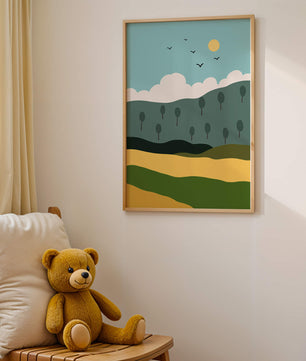 Minimalist Landscape with Hills and Sun