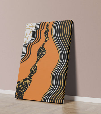 Artistic abstract design with wavy black lines and golden accents