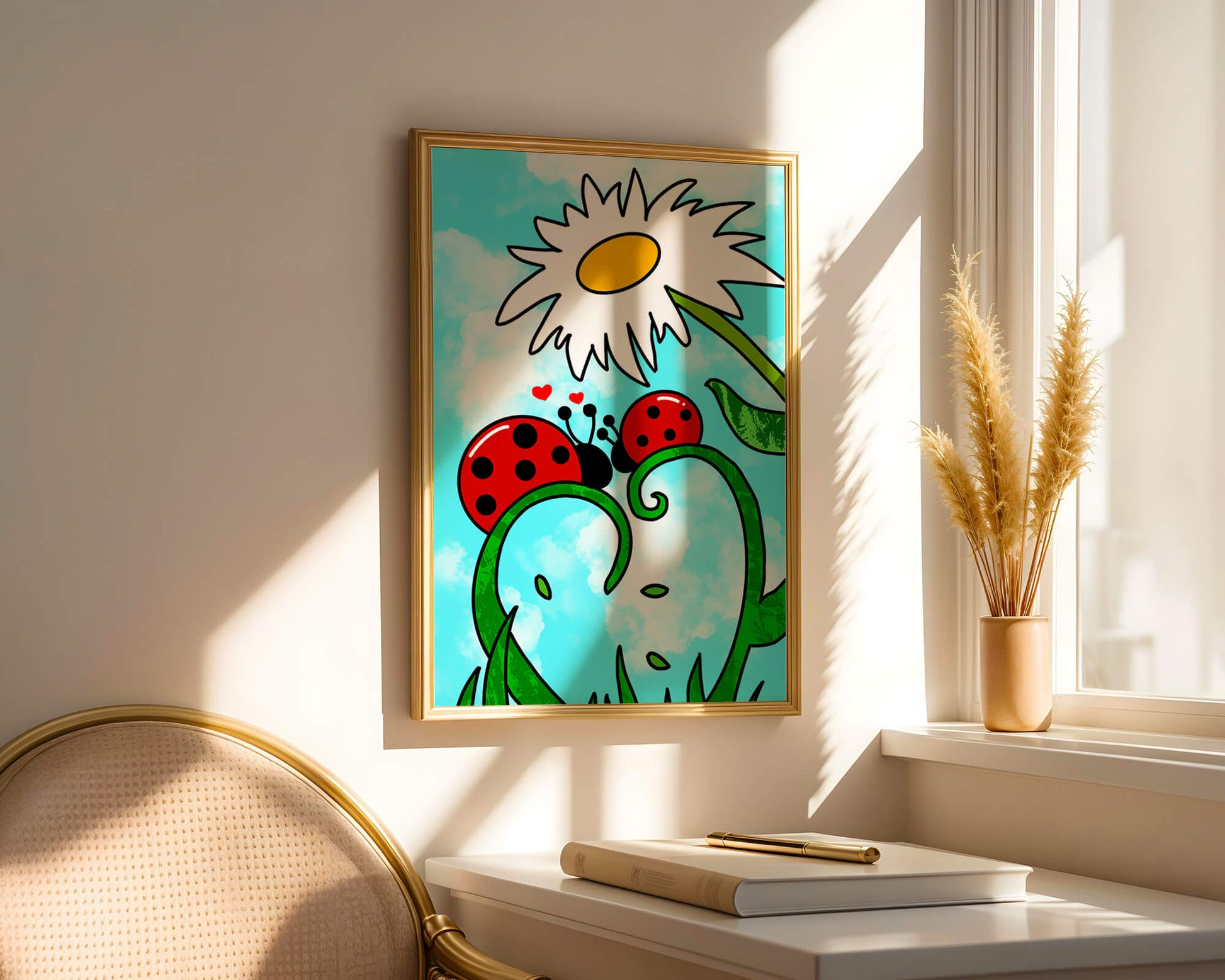 Ladybugs in love beneath a daisy on a bright sky