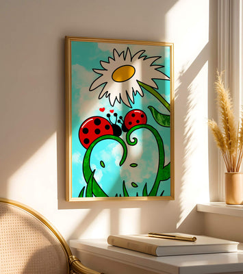Ladybugs in love beneath a daisy on a bright sky