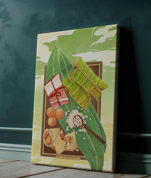 Traditional dumplings wrapped in leaves with ingredients on a vibrant background