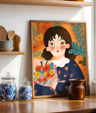 Ilustración encantadora de una chica con flores y corazones