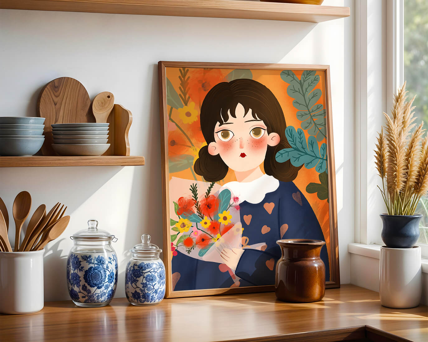 Ilustración encantadora de una chica con flores y corazones