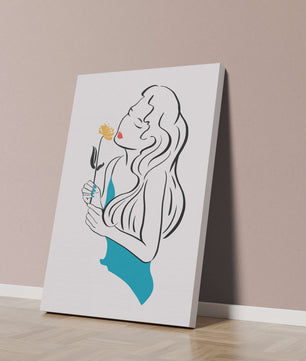 Ilustración estilizada de una mujer con una flor y elementos abstractos