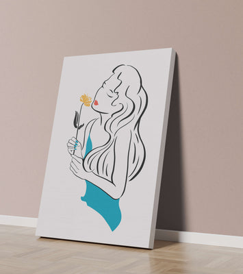 Stylized illustration of a woman with a flower and abstract elements