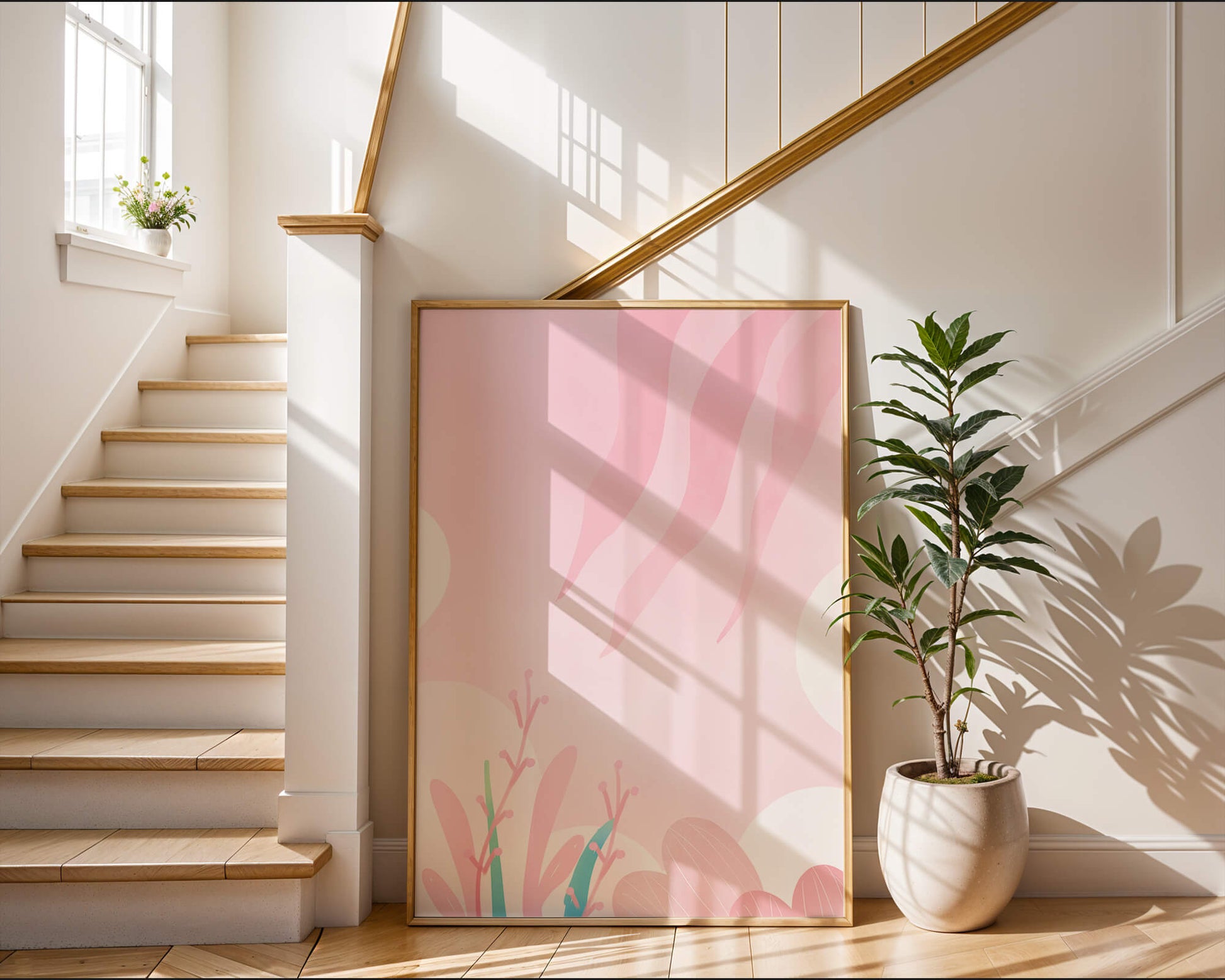 Soft Pink Abstract Floral Design with Stylized Leaves and Waves