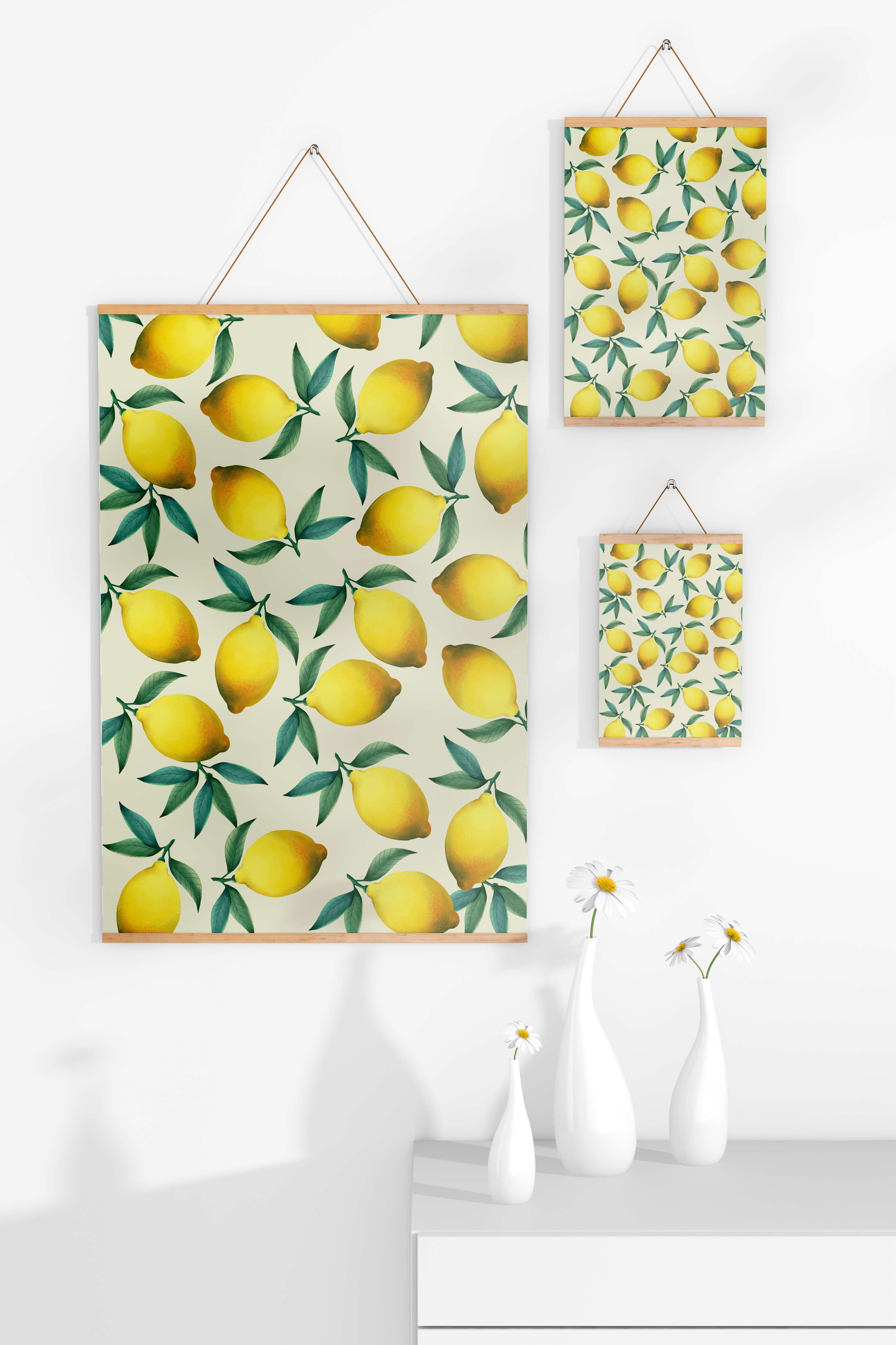 Vibrant lemon pattern with green leaves on a light background