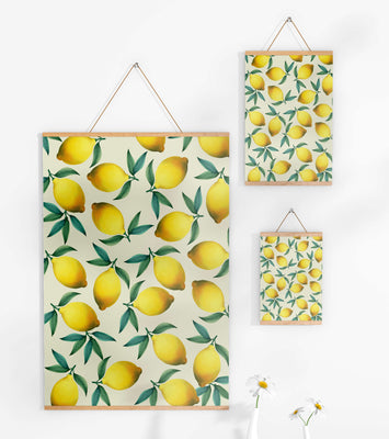 Vibrant lemon pattern with green leaves on a light background