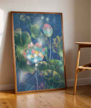 Bunte Lotusblumen mit abstraktem kosmischen Hintergrund